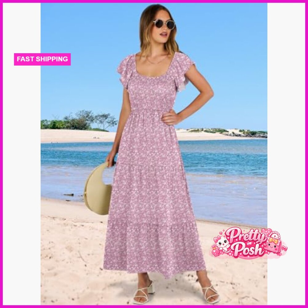 Polyester Elastane Maxi Dress Flutter Sleeve Smoc… - image 2